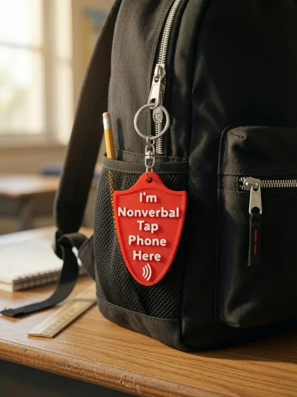 A red NFC keyring attached to a black backpack.
