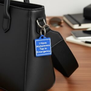 Blue square medical alert keyring tag attached to a black leather handbag displaying the text: "I Have Alzheimers Tap in Emergency".