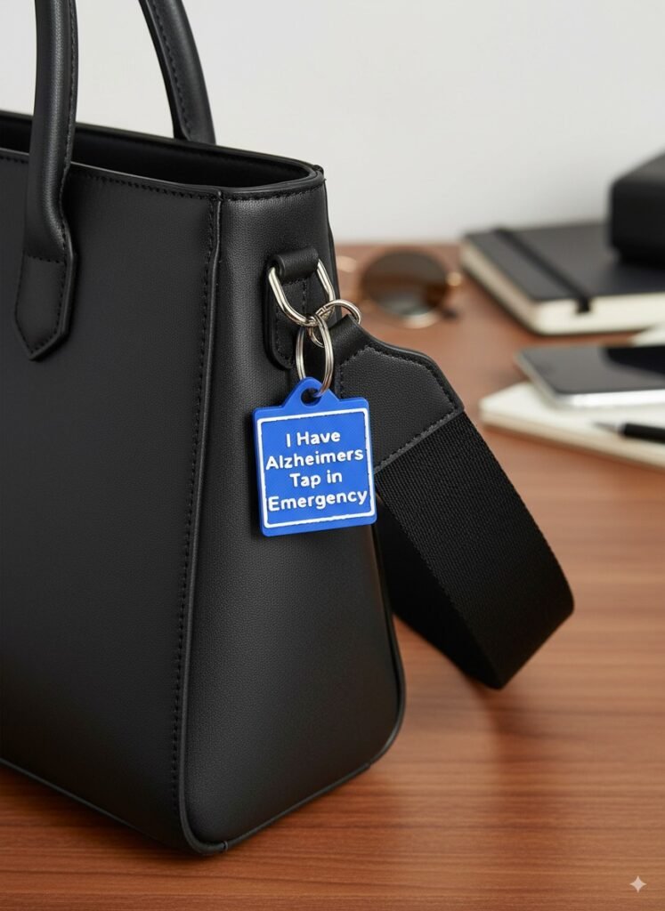 Blue square medical alert keyring tag attached to a black leather handbag displaying the text: "I Have Alzheimers Tap in Emergency".