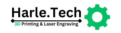 Harle.Tech company logo featuring black text with green accenting, the subtitle "3D Printing & Laser Engraving", and a green cog icon on a white background.