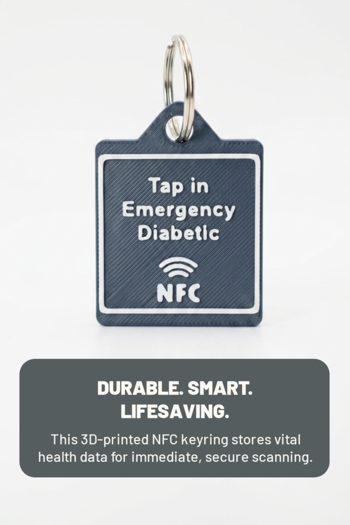 Grey 3D printed NFC emergency diabetic keyring with white text reading Tap in Emergency Diabetic next to an NFC symbol